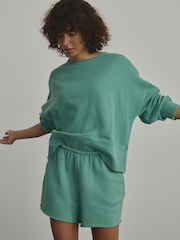 Teal Blue Raw Hem Detail Washed 100% Cotton Jersey Shorts - Image 2 of 7