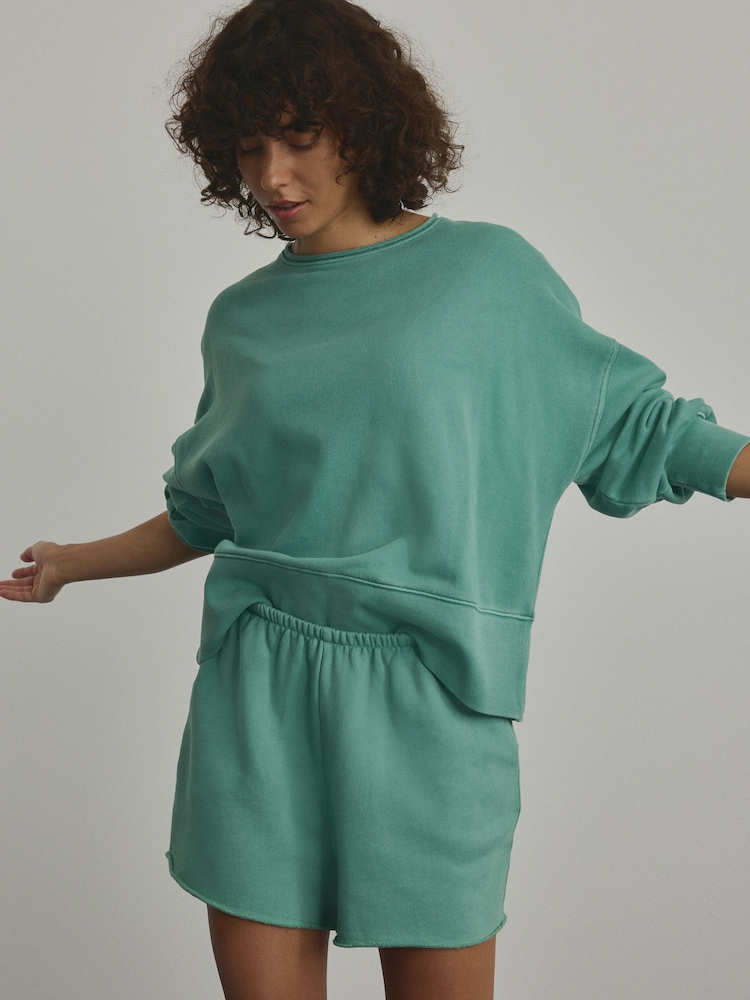 Teal Blue Raw Hem Detail Washed 100% Cotton Jersey Shorts - Image 2 of 7