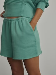 Teal Blue Raw Hem Detail Washed 100% Cotton Jersey Shorts - Image 4 of 7