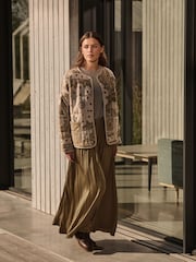 Boho Khaki Green Pleated Satin Maxi Skirt - Image 1 of 7