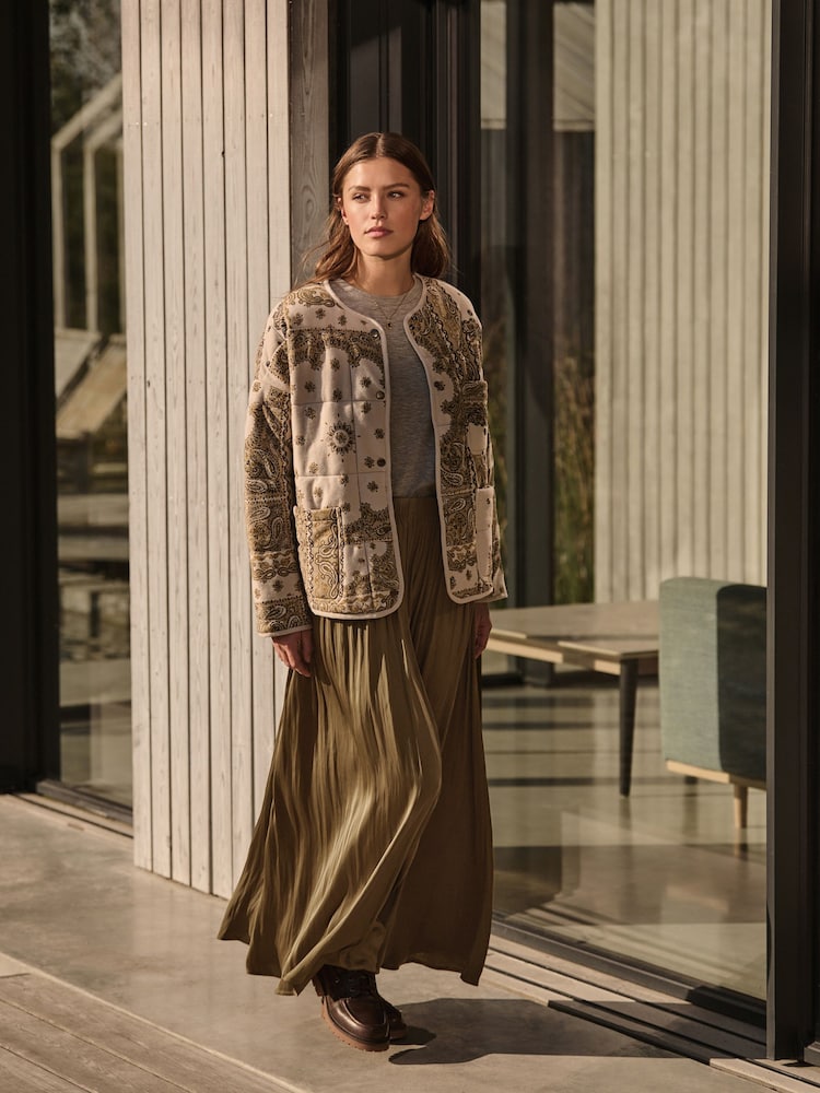 Boho Khaki Green Pleated Satin Maxi Skirt - Image 1 of 7