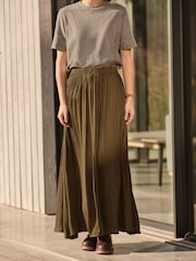 Boho Khaki Green Pleated Satin Maxi Skirt - Image 2 of 7