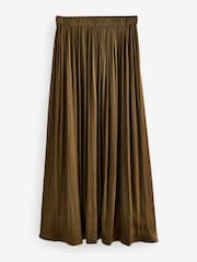 Boho Khaki Green Pleated Satin Maxi Skirt - Image 5 of 7