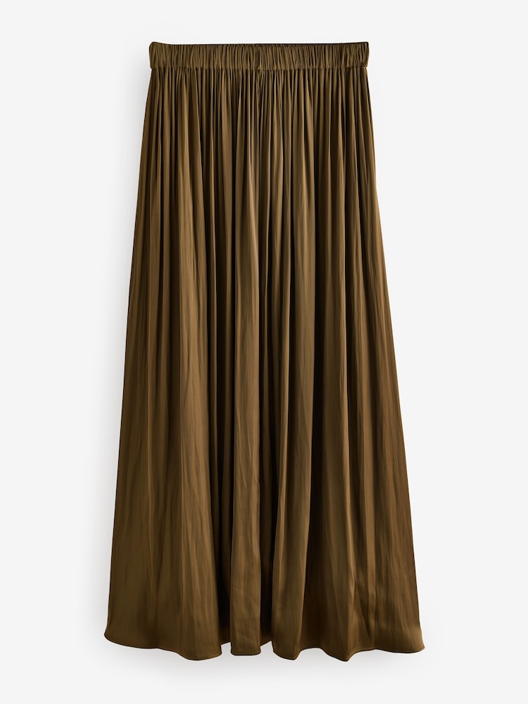 Boho Khaki Green Pleated Satin Maxi Skirt - Image 5 of 7