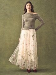 Ecru Embroidered Mesh Tulle Boho Maxi Skirt - Image 1 of 8