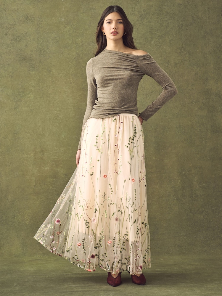 Ecru Embroidered Mesh Tulle Boho Maxi Skirt - Image 1 of 8