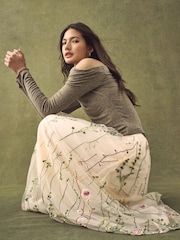 Ecru Embroidered Mesh Tulle Boho Maxi Skirt - Image 2 of 8