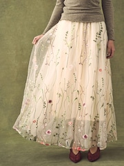 Ecru Embroidered Mesh Tulle Boho Maxi Skirt - Image 3 of 8