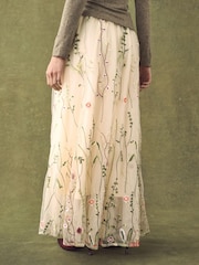 Ecru Embroidered Mesh Tulle Boho Maxi Skirt - Image 4 of 8