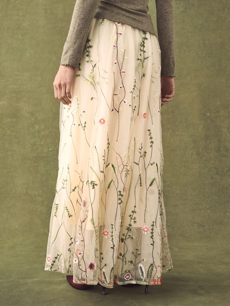 Ecru Embroidered Mesh Tulle Boho Maxi Skirt - Image 4 of 8