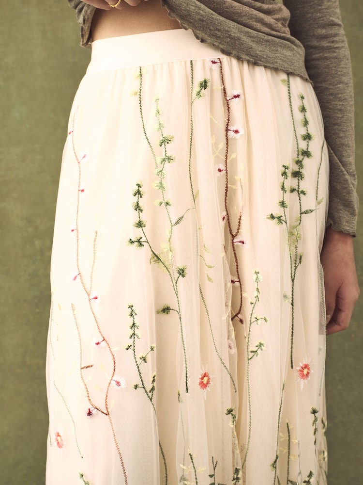 Ecru Embroidered Mesh Tulle Boho Maxi Skirt - Image 5 of 8