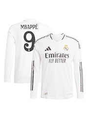 adidas White Real Madrid Home Authentic Long Sleeve Shirt 2024-25 with Mbappé 9 Printing - Image 1 of 3