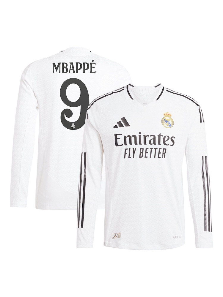 adidas White Real Madrid Home Authentic Long Sleeve Shirt 2024-25 with Mbappé 9 Printing - Image 1 of 3