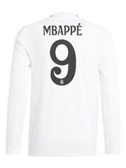 adidas White Real Madrid Home Authentic Long Sleeve Shirt 2024-25 with Mbappé 9 Printing - Image 2 of 3