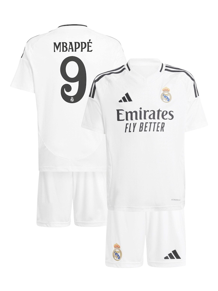 adidas White Real Madrid adidas Home Youthkit 2024-25 with Mbappé 9 Printing - Image 1 of 3 adidas White Real Madrid adidas Home Youthkit 2024-25 with Mbappé 9 Printing - Image 1 of 3
