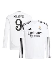 adidas Pearl White Kids Real Madrid Home Long Sleeve Shirt 2024-25 with Mbappé 9 Printing - Image 1 of 3