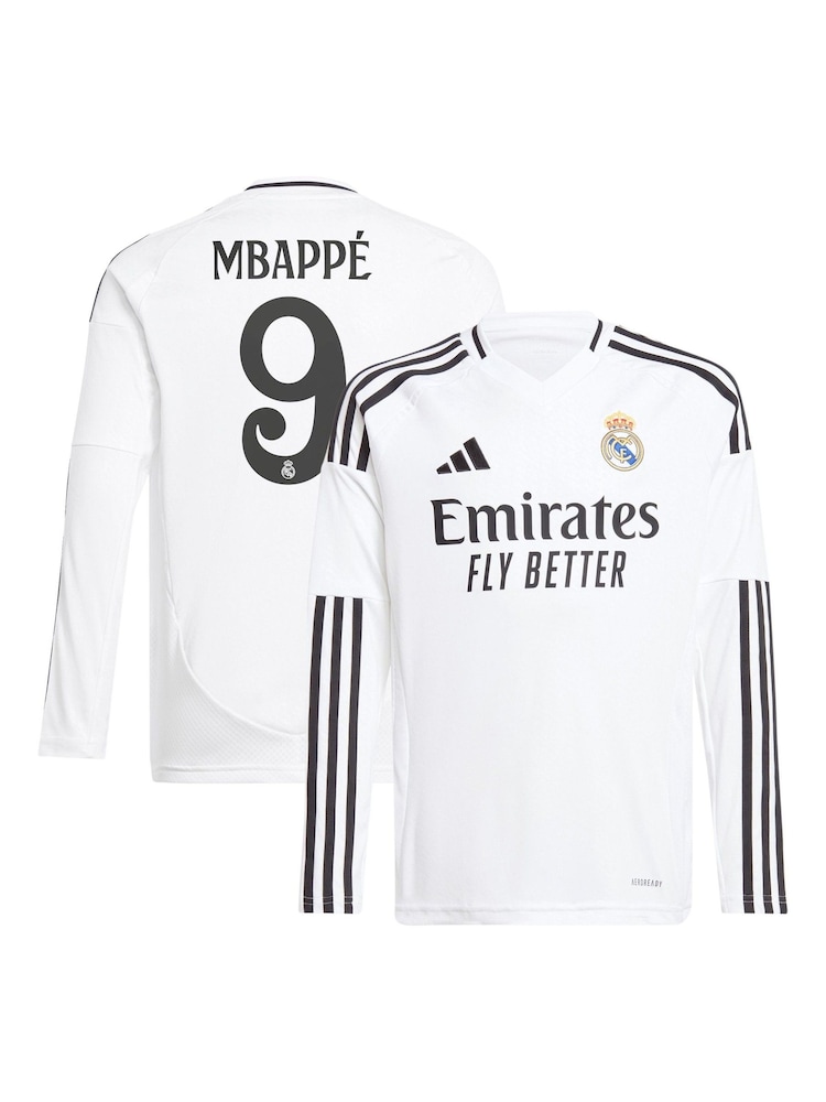 adidas Pearl White Kids Real Madrid Home Long Sleeve Shirt 2024-25 with Mbappé 9 Printing - Image 1 of 3