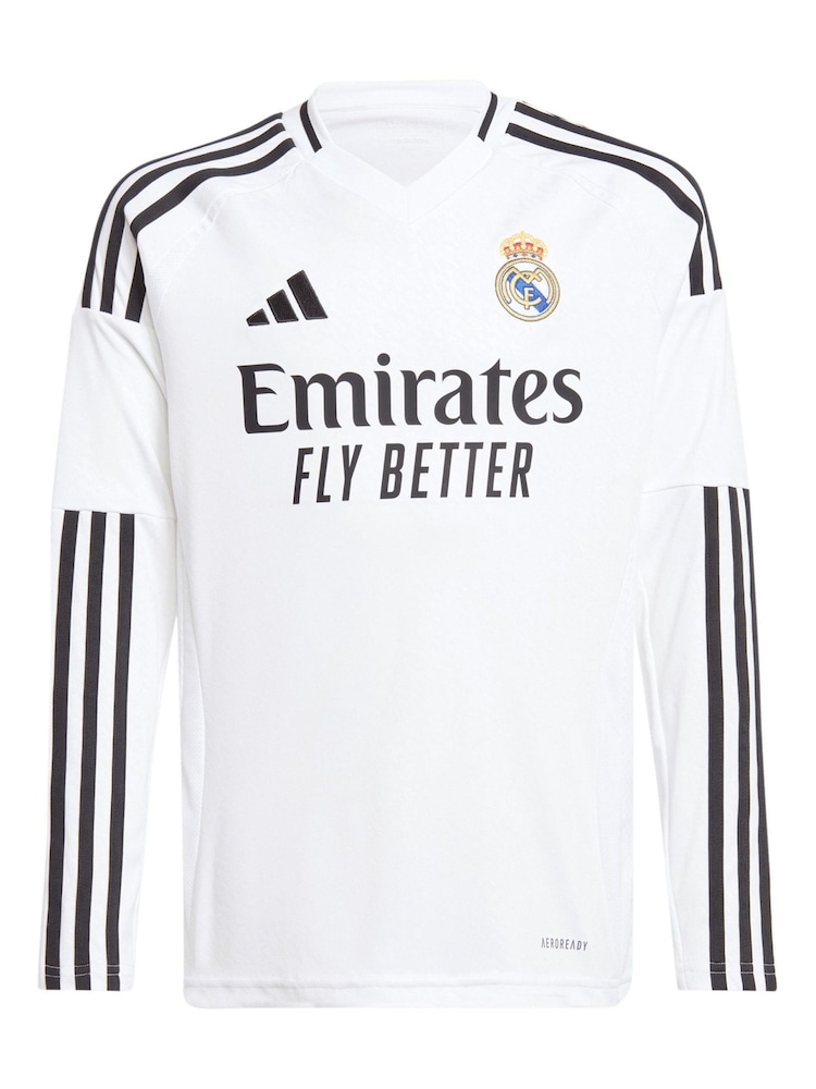 adidas Pearl White Kids Real Madrid Home Long Sleeve Shirt 2024-25 with Mbappé 9 Printing - Image 2 of 3