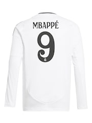 adidas Pearl White Kids Real Madrid Home Long Sleeve Shirt 2024-25 with Mbappé 9 Printing - Image 3 of 3