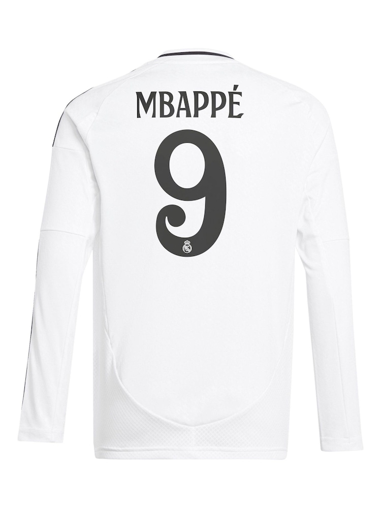 adidas Pearl White Kids Real Madrid Home Long Sleeve Shirt 2024-25 with Mbappé 9 Printing - Image 3 of 3