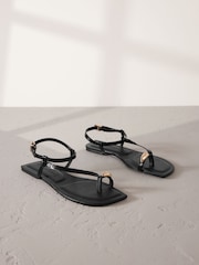 Black Leather Signature Metal Toe Loop Strappy Sandals - Image 1 of 5