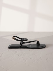 Black Leather Signature Metal Toe Loop Strappy Sandals - Image 2 of 5