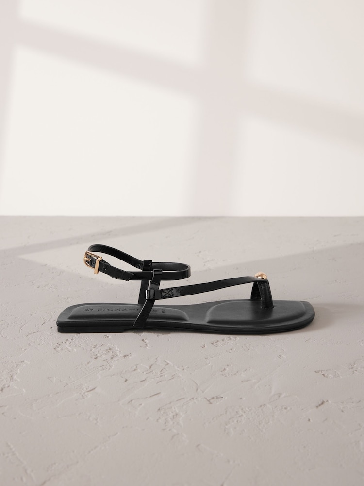 Black Leather Signature Metal Toe Loop Strappy Sandals - Image 2 of 5