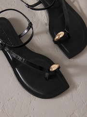 Black Leather Signature Metal Toe Loop Strappy Sandals - Image 3 of 5