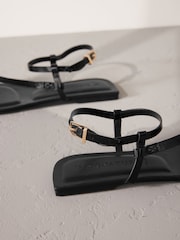 Black Leather Signature Metal Toe Loop Strappy Sandals - Image 4 of 5