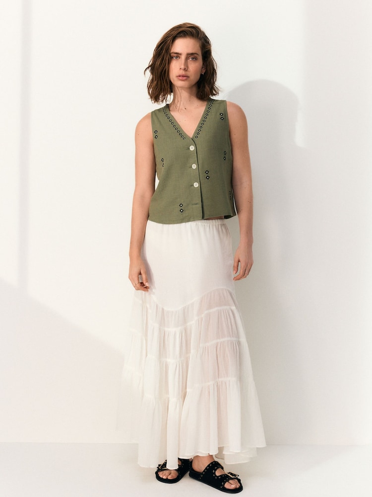 White 100% Cotton Boho Tiered Midi Skirt - Image 1 of 9