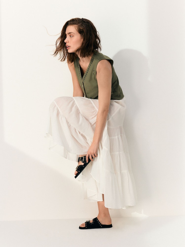 White Boho Tiered Midi Skirt - Image 3 of 9