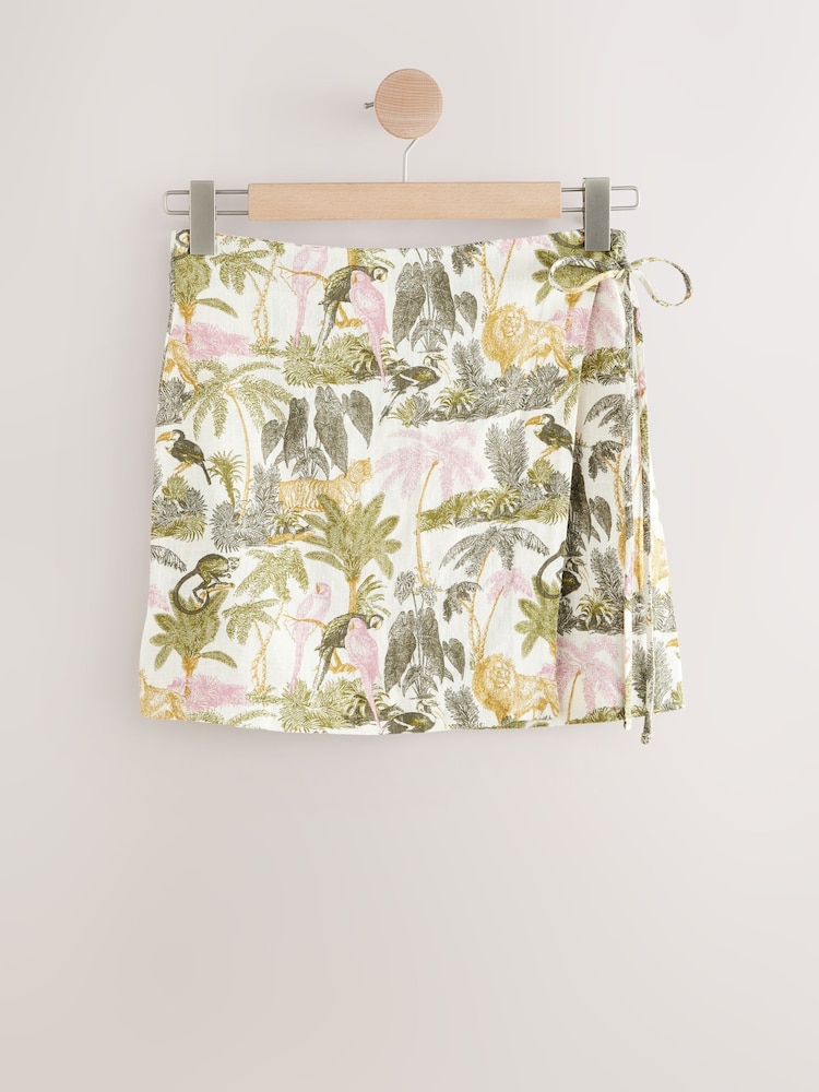 Ecru Jungle Print Linen Rich Wrap Mini Skirt - Image 5 of 7