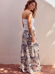 Blue/Cream 100% Cotton Tiered Maxi Skirt - Image 2 of 7