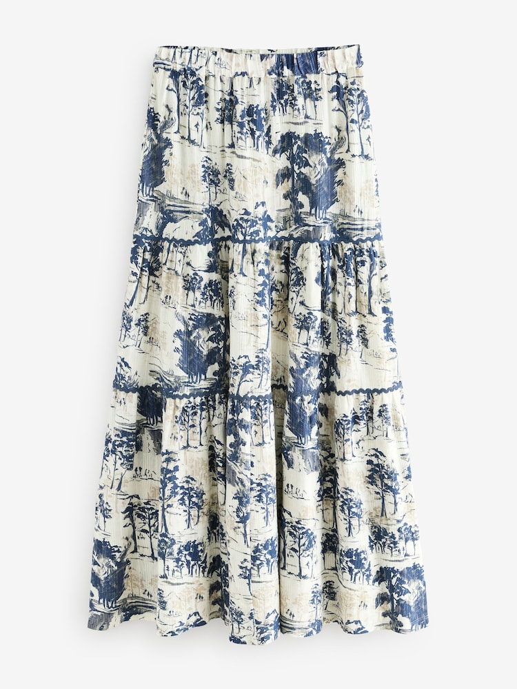 Blue/Cream 100% Cotton Tiered Maxi Skirt - Image 5 of 7