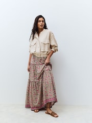 Green/Pink Flower Print 100% Cotton Tiered Maxi Skirt - Image 1 of 8
