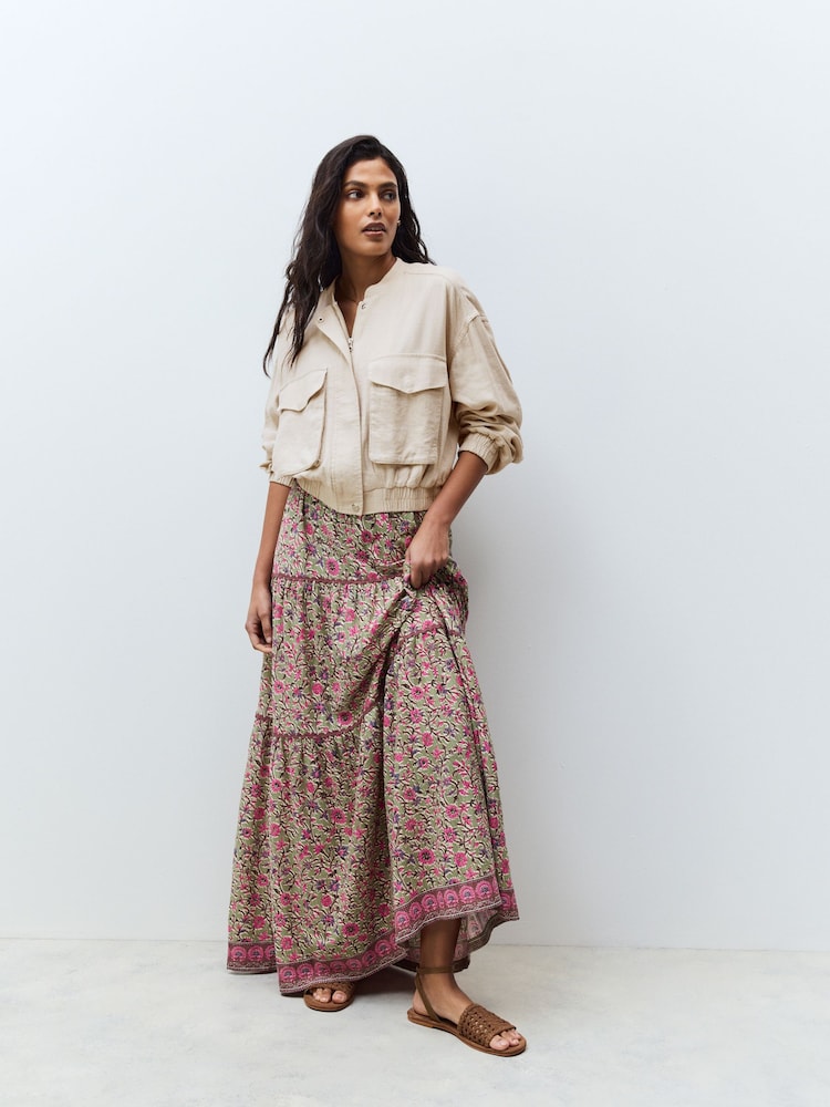 Green/Pink Flower Print 100% Cotton Tiered Maxi Skirt - Image 1 of 8