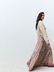 Green/Pink Flower Print 100% Cotton Tiered Maxi Skirt - Image 3 of 8