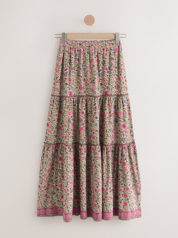 Buy Green/Pink Flower Print 100% Cotton Tiered Maxi Skirt from Next  Luxembourg