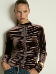 Reiss Chocolate Ari Velvet Ruched Long-Sleeve Top - Image 1 of 6