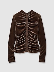 Reiss Chocolate Ari Velvet Ruched Long-Sleeve Top - Image 2 of 6