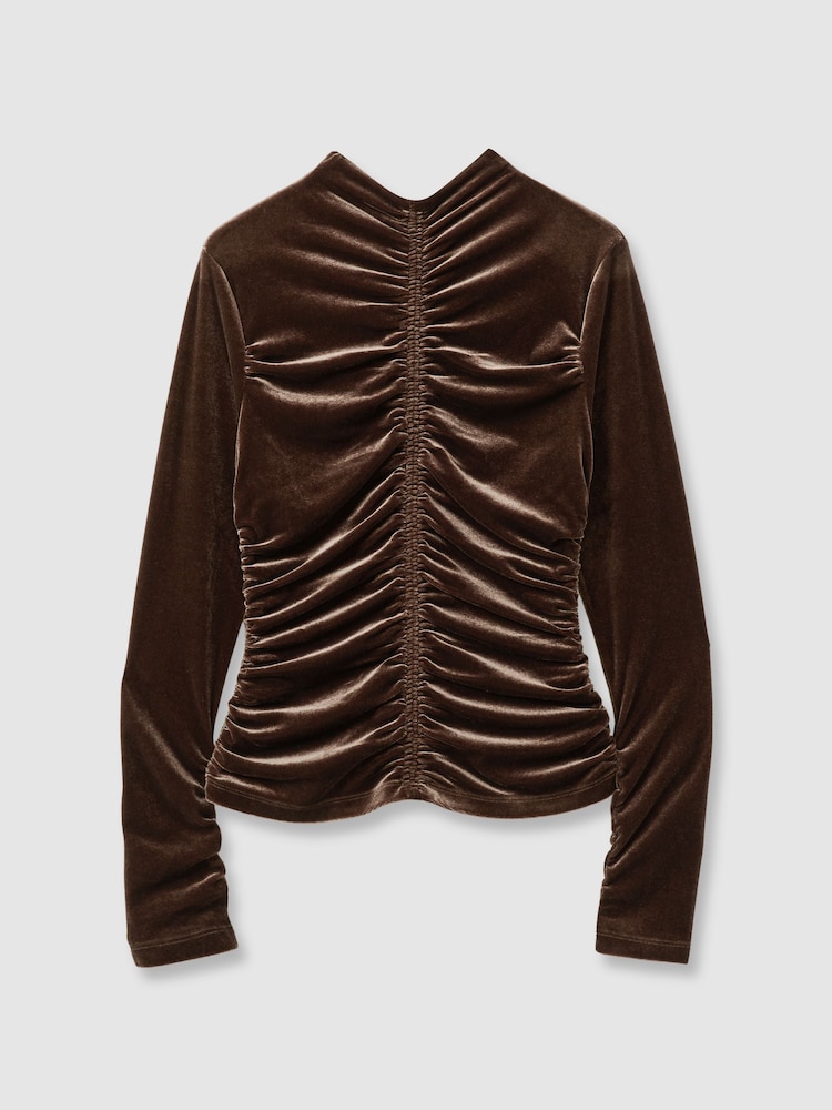 Reiss Chocolate Ari Velvet Ruched Long-Sleeve Top - Image 2 of 6