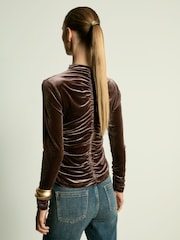 Reiss Chocolate Ari Velvet Ruched Long-Sleeve Top - Image 5 of 6