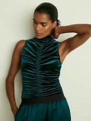 Reiss Teal Niva Racer-Front Ruched-Velvet Sleeveless Top - Image 1 of 7