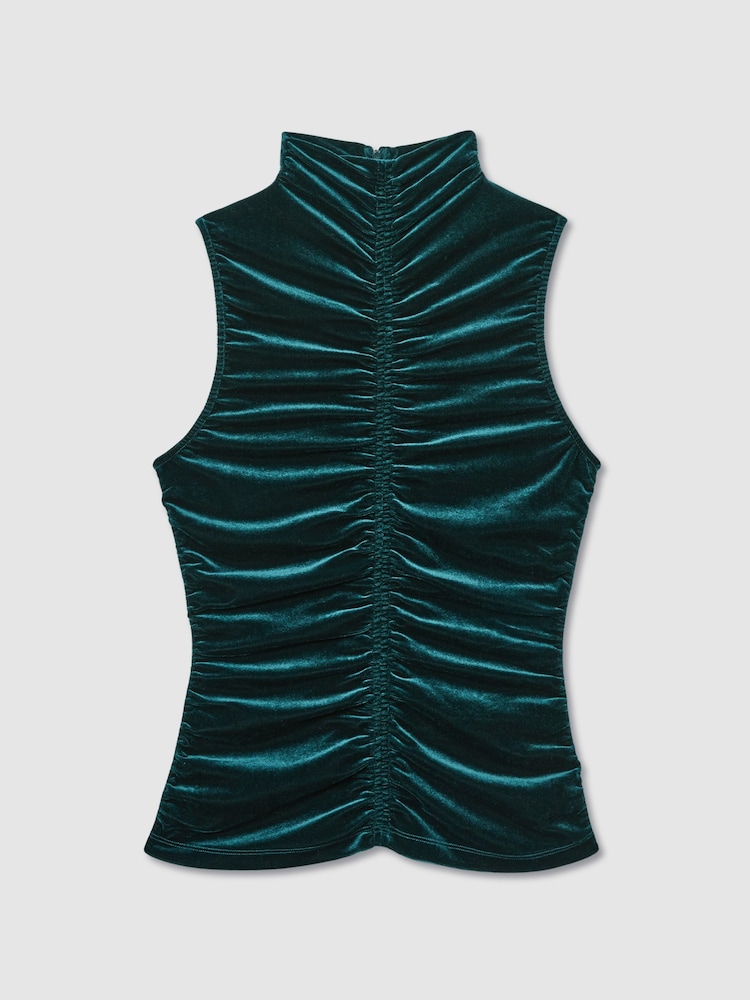 Reiss Teal Niva Racer-Front Ruched-Velvet Sleeveless Top - Image 2 of 7