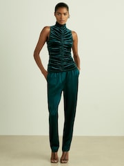 Reiss Teal Niva Racer-Front Ruched-Velvet Sleeveless Top - Image 3 of 7
