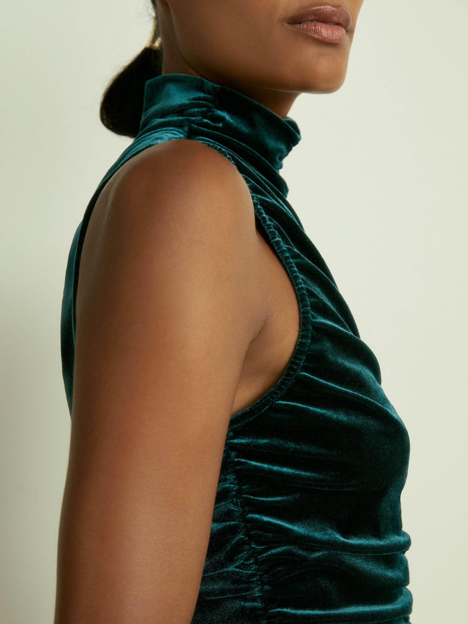 Buy Reiss Teal Niva Racer-Front Ruched-Velvet Sleeveless Top