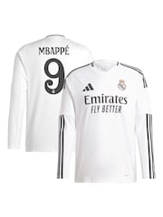 adidas White Kids Real Madrid Home Long Sleeve Shirt 2024-25 with Mbappé 9 Printing - Image 1 of 3