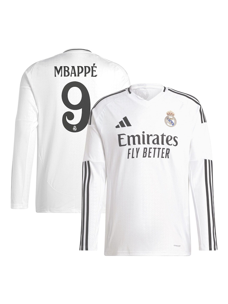 adidas White Kids Real Madrid Home Long Sleeve Shirt 2024-25 with Mbappé 9 Printing - Image 1 of 3