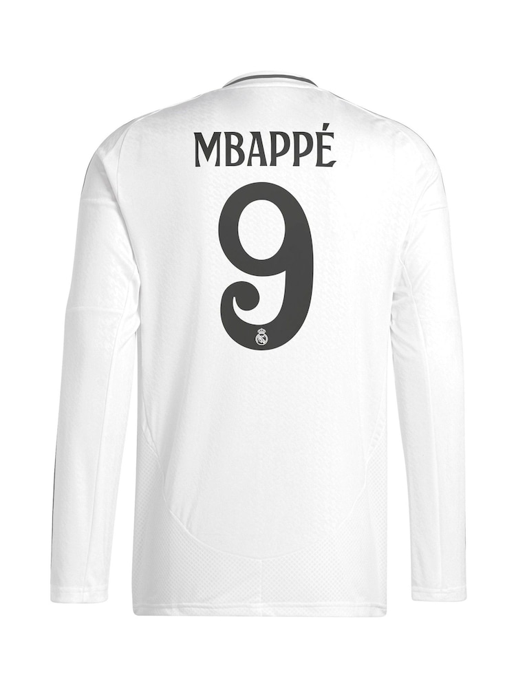 adidas White Kids Real Madrid Home Long Sleeve Shirt 2024-25 with Mbappé 9 Printing - Image 3 of 3