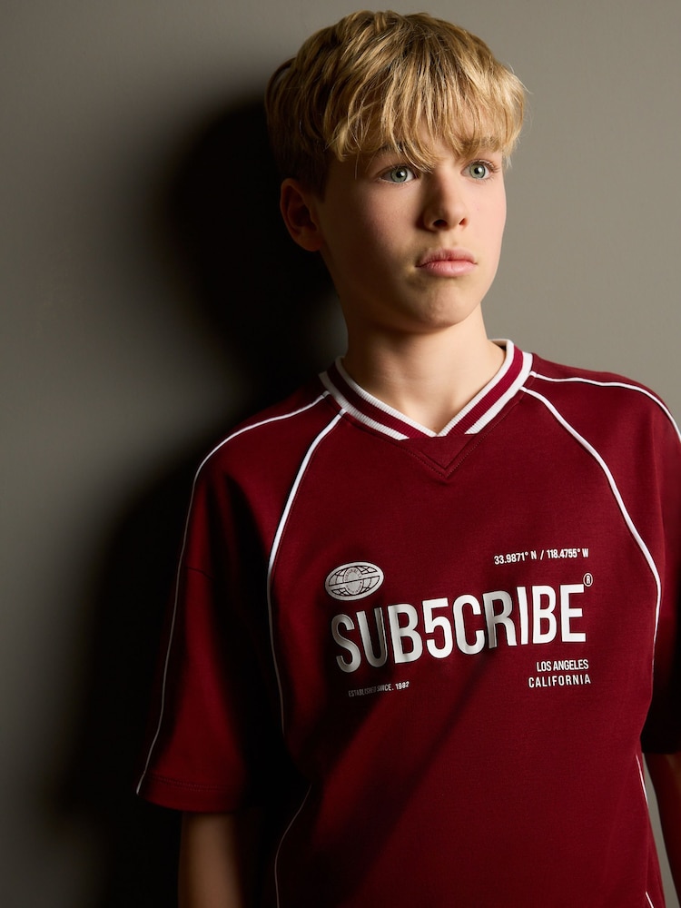 Rojo burdeos - 100% Cotton Sub5cribe Short Sleeve Sports T-Shirt (3-16yrs) - Imagen 1 de 8
